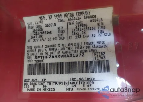 1997 Ford F-250 Xl z USA, uszkodzony, nr VIN 3FTHF26HXVMA21372